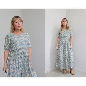 1980's Vintage Cornflower Antique Florals Milkmaid Market Dress ~ Women's SM MD